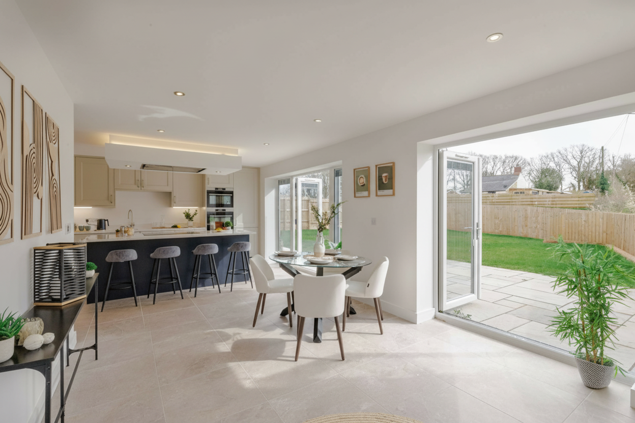 Staged open-plan kitchen and dining room with garden view