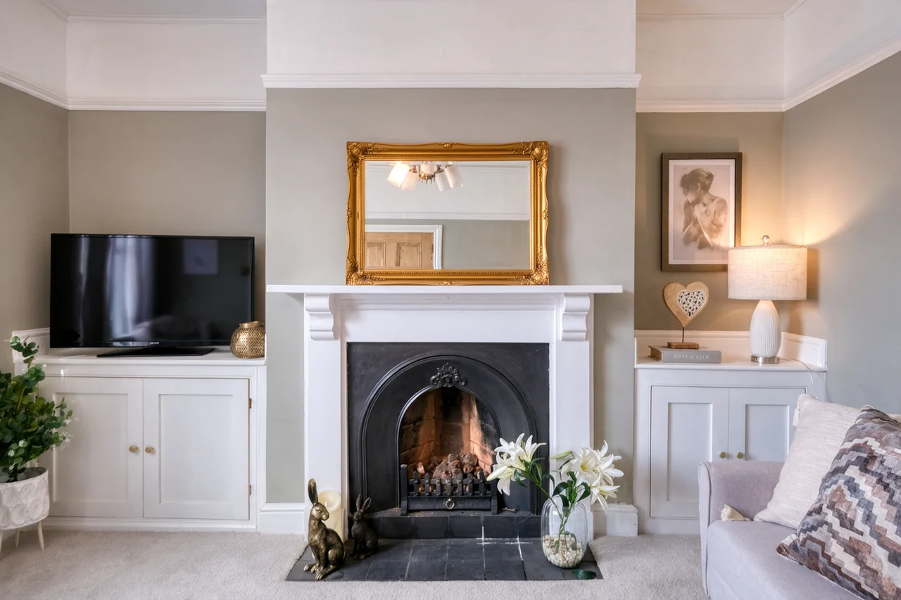 Staged living room with a fireplace, gold-framed mirror, soft furnishings and warm lamp lighting