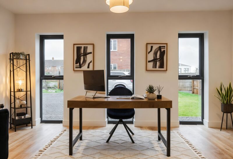 Styled home office with wooden desk, abstract artwork, and natural light