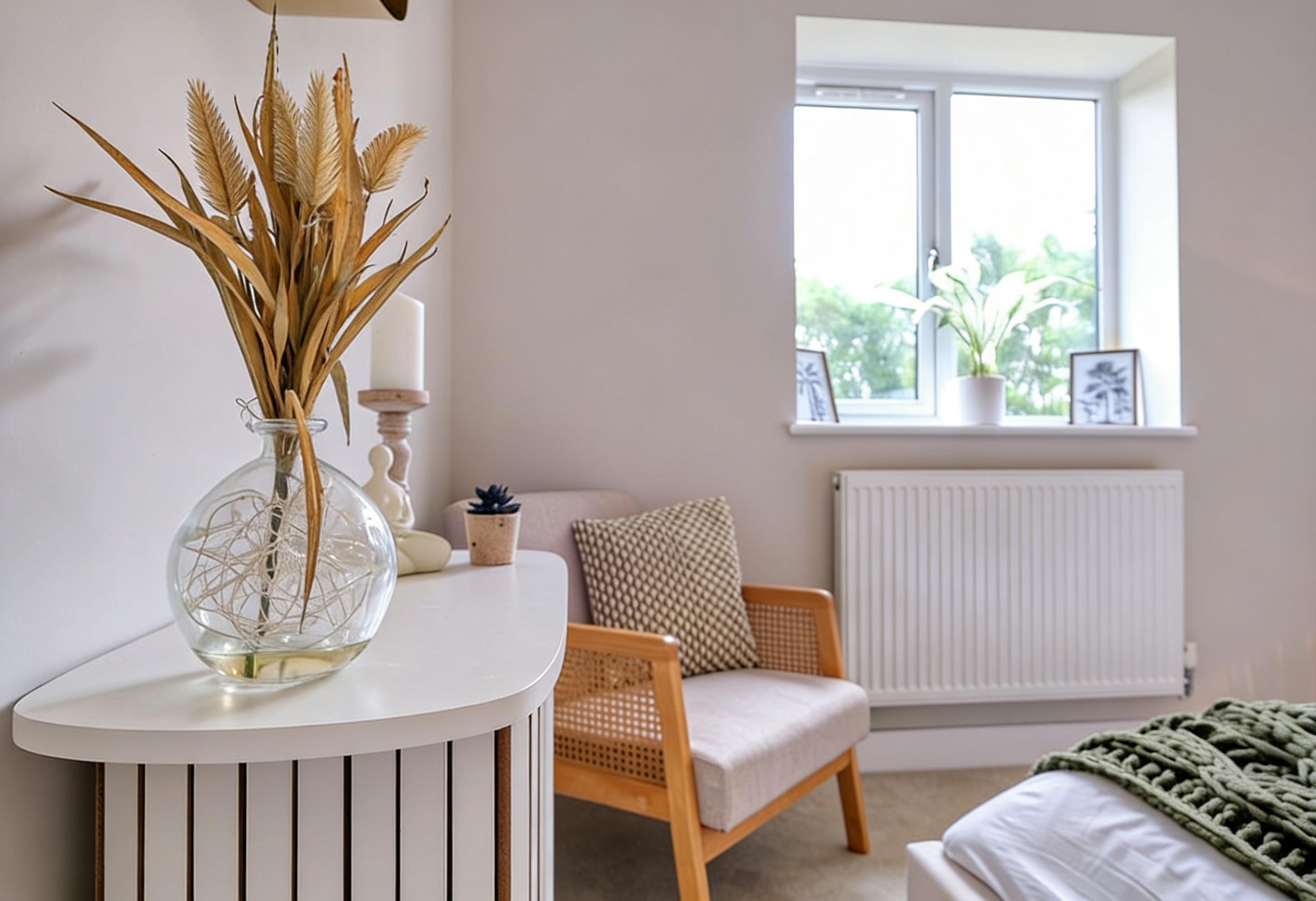 Beautifully staged bedroom detail with dried botanicals and rattan chair